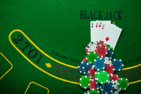 four ace in poker game. casino chips. chance to win the game