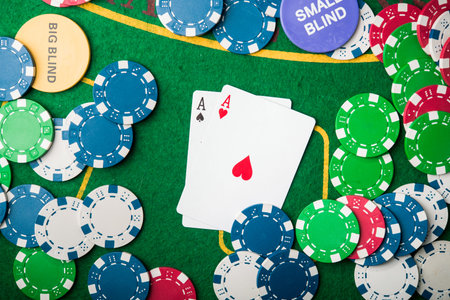 two ace in poker game. cards and chips on casino background
