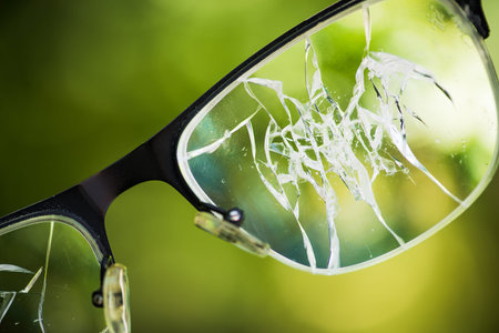 broken glasses on the green background of nature. concept of failure on the street
