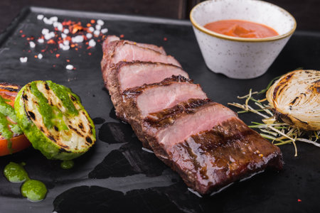 juicy beef steak with vegetables in the restaurantの写真素材