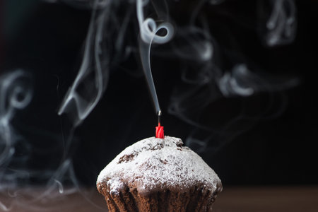 Chocolate cake with powder and red candle with smoke. the end of the birthday day, on black...