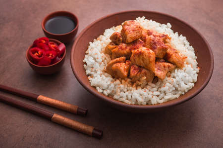 indian chicken curry with white rice on a brown background. hot food lunchの写真素材