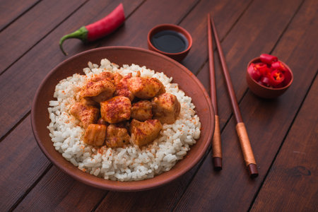 spicy chicken with curry sauce and white rice, red chilli. Hot japanese food backgroundの写真素材