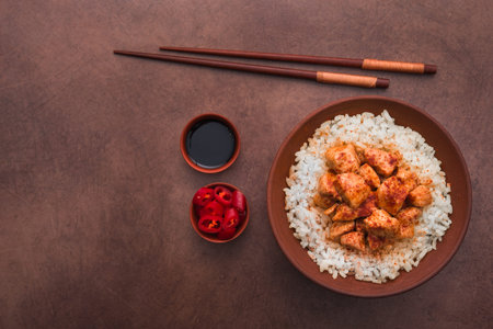 indian chicken curry with white rice on a brown background. hot food lunch. angle above