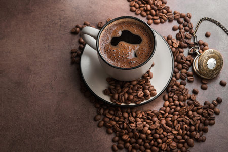 Coffee in a white cup with roasted beans on a table. Aroma breakfast break