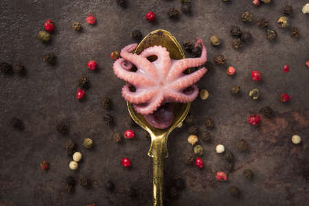Small marinated octopus on a golden spoon, vintage style table. Seafood backgroundの写真素材