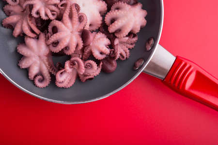 Small pickled octopus on a red frying pan. Asian food. Red backgroundの写真素材