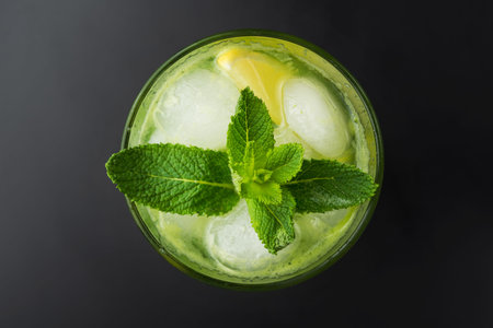 Cold mojito cocktail with ice and mint leaf on a black background. top viewの写真素材
