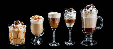 Set glass of coffee frappe, macchiato, irish, mocha isolated on a black background. Sweet and hot...