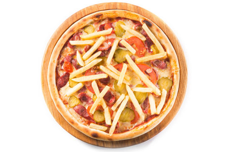 pizza with french fries, tomato and meat, ketchup isolated on white background. top viewの写真素材