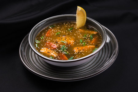 Asian spicy soup with lemon, eel and tomato on a black table