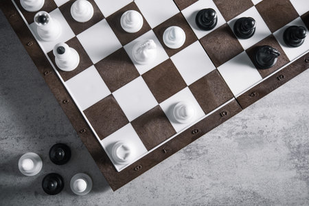 chess board game on a stone background. chessboard battle. top viewの写真素材