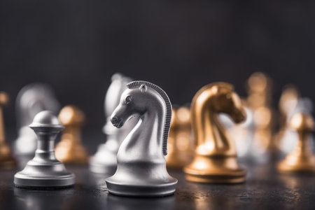 chess knight horse on the chessboard, stone background. selective focus.