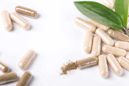 Herd medical pills and capsule with green leaves isolated on a white backgroundの写真素材