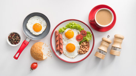 English breakfast with fried egg, beans, tomatoes, sausage, fresh lettuce leaf, coffee cup. Concept...