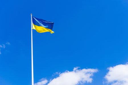 Flag of the Ukrainian state blue-yellow on the background of the sky. Concept of Freedom and...