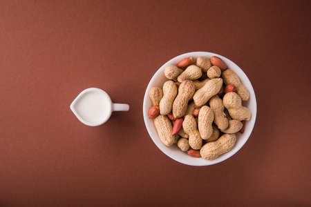 Organic peanuts with milk  in a white bowl on a brown color background. Top view.の写真素材