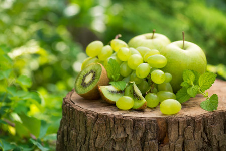 Fresh natural green fruits apples, grapes, kiwi and mint leaf on a wooden stump in garden. harvesting outdoors eating.の写真素材