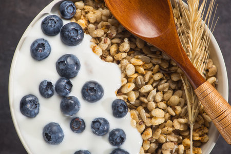 Bowl of homemade crispy granola with yogurt, fresh blueberry and wheat seeds on a stone background. healthy cereal morning breakfast. top view.の写真素材