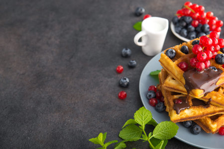 Sweet dessert belgian waffles with chocolate, blueberry and red currant, green mint on a stone...