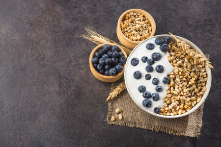 Bowl of homemade crispy granola with yogurt, fresh blueberry and wheat seeds on a stone background. healthy cereal morning breakfast. top view. copy space for textの写真素材