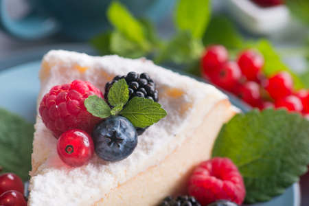 Sweet dessert cake with fresh blackberry, raspberry, currants and blueberry and green mint on a plate.の写真素材