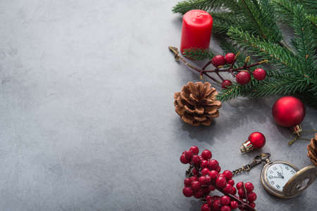 The golden clock, whose arrow are about twelve o'clock New Year celebration. Merry Christmas concept background. top view. flat layの写真素材