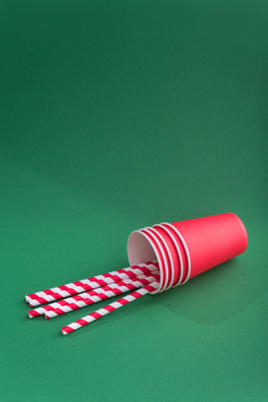 Bright red colored cocktail straw in paper cup on a color green background. recycling eco concept....