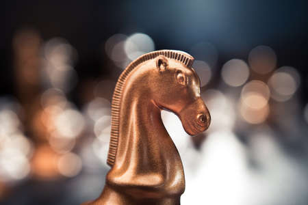 Golden luxury chess piece knight on a bright lightの写真素材