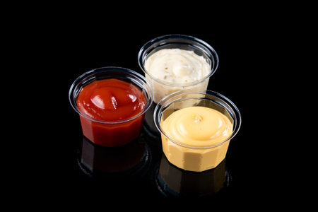 Containers with mayonnaise mustard and ketchup isolated on black background