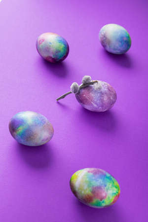 Easter eggs with willow branches on a trend violet color background. minimal easter holiday.の写真素材