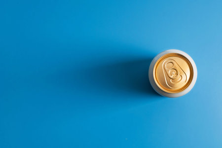 Closeup of golden beer can on blue background. top view. Space for text.