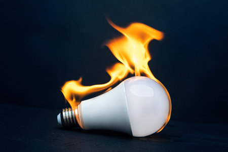 LED light bulb on fire, black dark background.