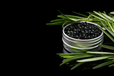 Black caviar in a metal container with green fresh rosemary isolated on a backgroundの写真素材