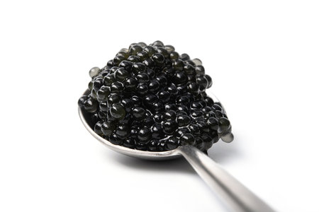 Spoon completely filled with black caviar isolated on a white backgroundの写真素材
