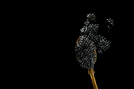 Black beluga caviar on a spoon isolated on a black background. seafood diet food. top view