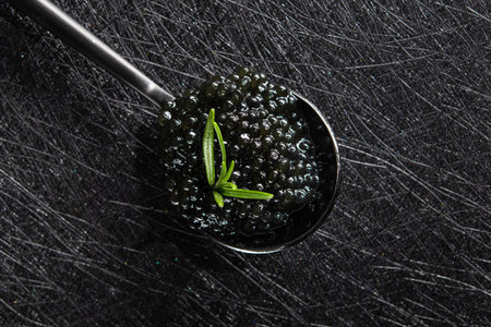 Black fish caviar with rosemary branch on a stone background. Seafood diet.