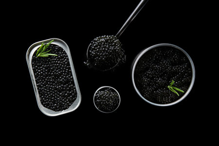 Black caviar in a metal container with green fresh rosemary isolated on a background. top viewの写真素材