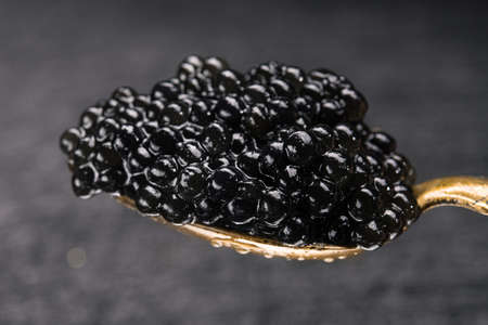 Closeup of golden vintage spoon filled with black caviar on dark background. rich, gourmet, expensive food.の写真素材