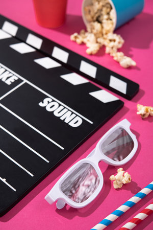 Popcorn cup, movie clapper, 3d glasses on a rose background. film concept.