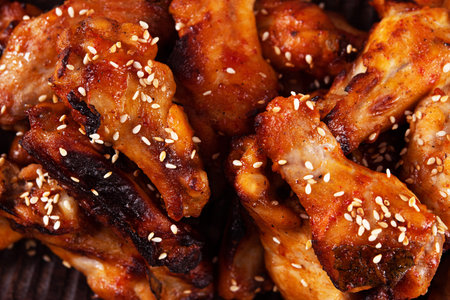 Closeup of hot chicken wings. Top view. junk food.の写真素材