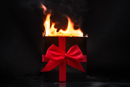 Black friday background. Hot fire big black gift with red ribbon and bow. Discount present.の写真素材