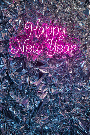 Neon Light Happy New Year banner on bright mirror specular background.の写真素材
