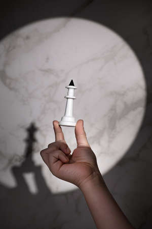 Boy won a game of chess, and holds up a white king.の写真素材