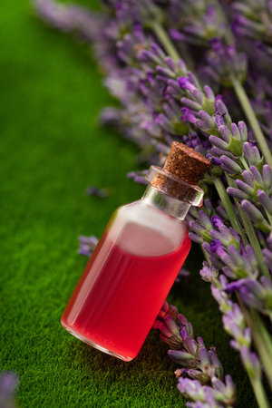A glass bottle with the essence of lavender or another flower for creating a perfume on a background of green grass.の写真素材