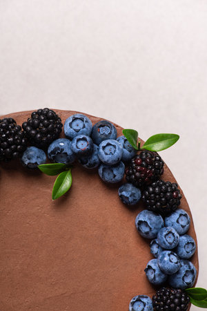 Sweet chocolate cake with forest berries, blackberry, blueberry on top.の写真素材