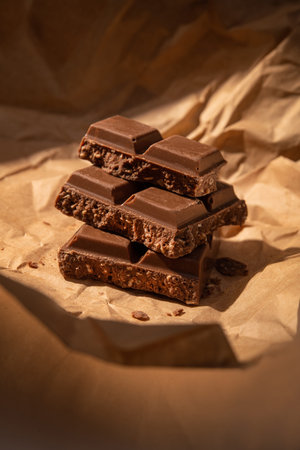 Chocolate bar pieces on kraft paper. Warm light concept background.