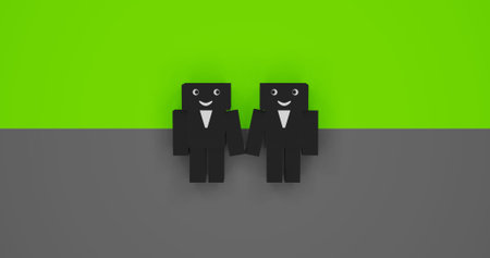 Romantic Couple of Funny Human Cube Illustration Looking Each Other. 3D Rendering Illustration at Green and Grey Background with Space for Textの写真素材