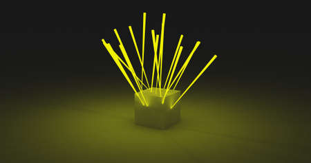 Yellow light stick pierced cube with dark background. 3D illustrationの写真素材