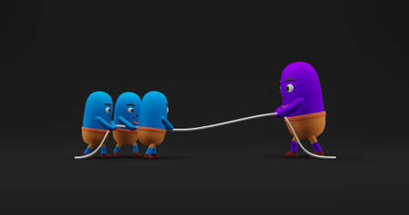 Cute Child Character doing Team Work to Tug of War with Adult People. 3D Illustration with dark backgroundの写真素材